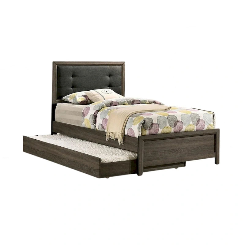 Lit simple — Bois massif gris foncé avec revêtement matelassé capitonné