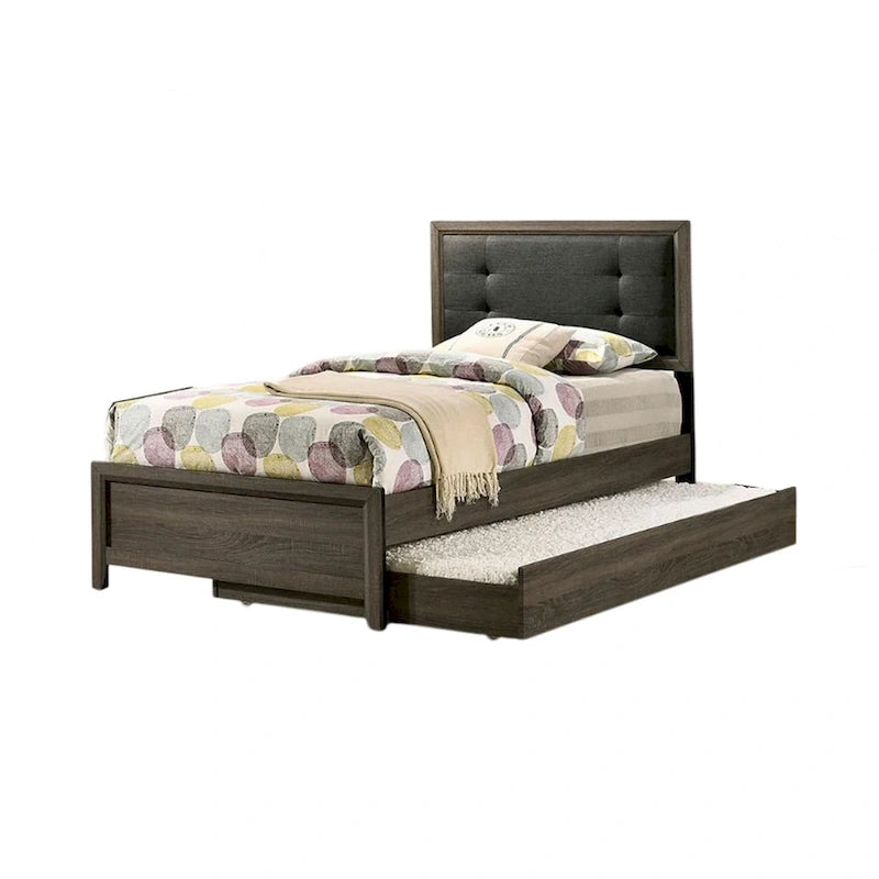 Lit simple — Bois massif gris foncé avec revêtement matelassé capitonné
