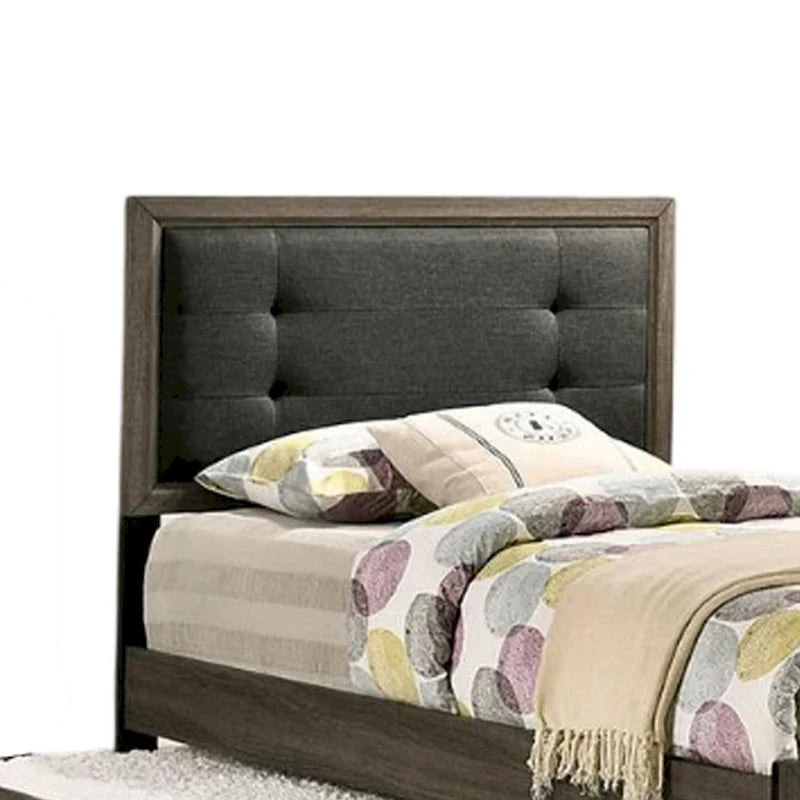 Lit simple — Bois massif gris foncé avec revêtement matelassé capitonné