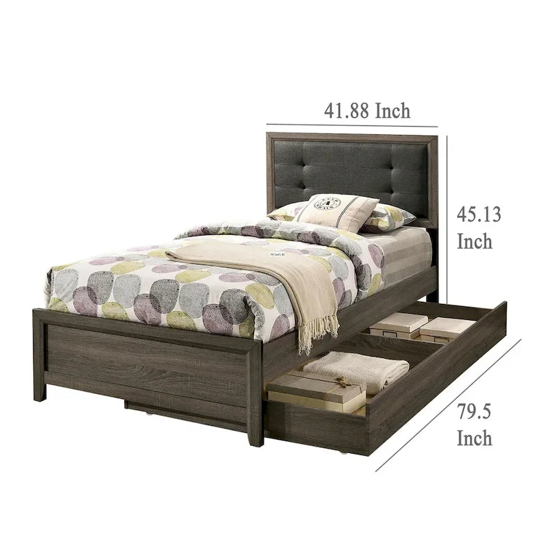 Lit simple — Bois massif gris foncé avec revêtement matelassé capitonné