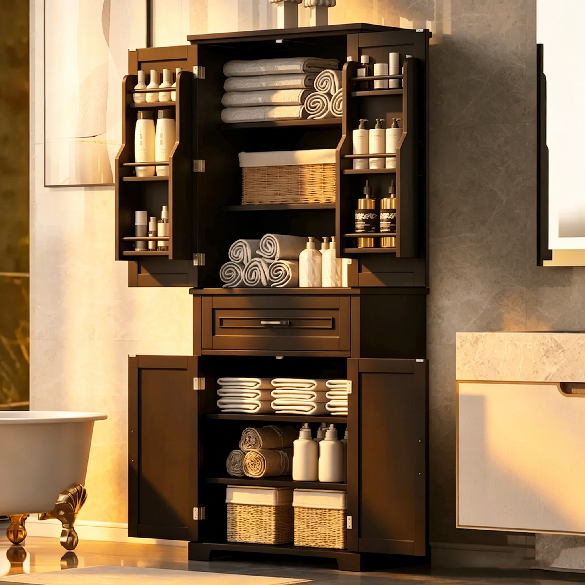 Meuble de rangement de salle de bain avec portes et tiroir, Espaces de rangement multiples, Étagère réglable