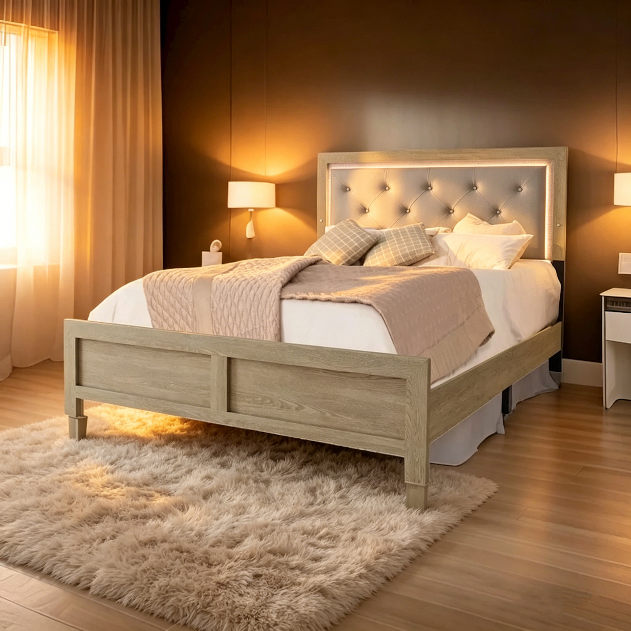 Lit King Size Ancy, tête de lit capitonnée et rembourrée, finition gris clair