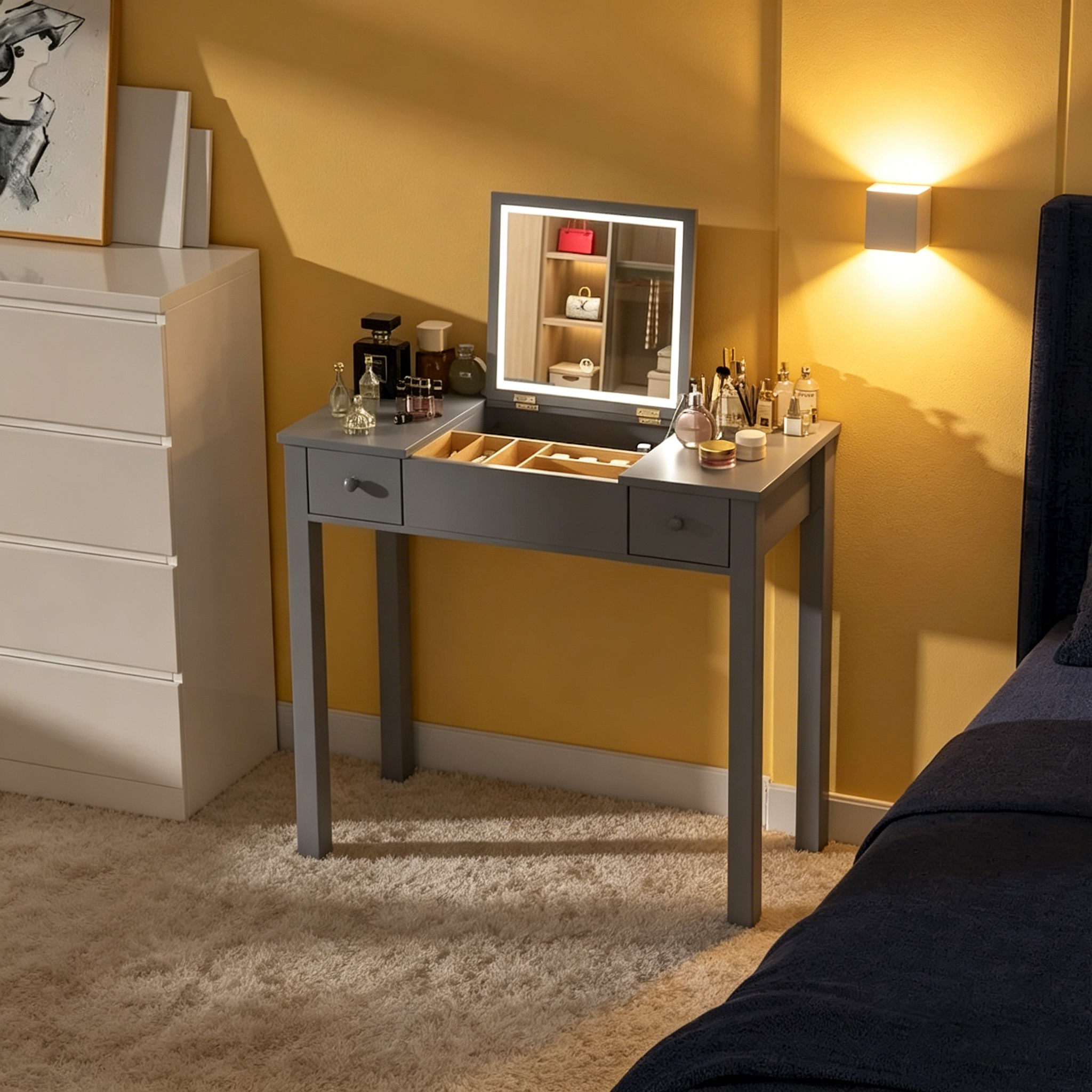 32,99 Table de rangement pour maquillage avec miroir et lumière LED