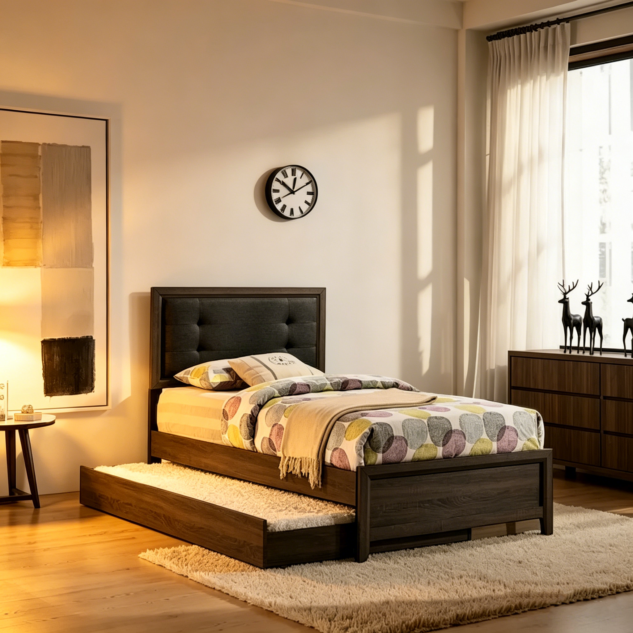 Lit simple — Bois massif gris foncé avec revêtement matelassé capitonné