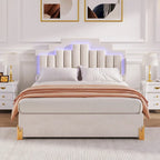 Lit plateforme rembourré beige (avec éclairage et tiroirs)