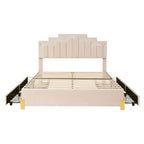 Lit plateforme rembourré beige (avec éclairage et tiroirs)