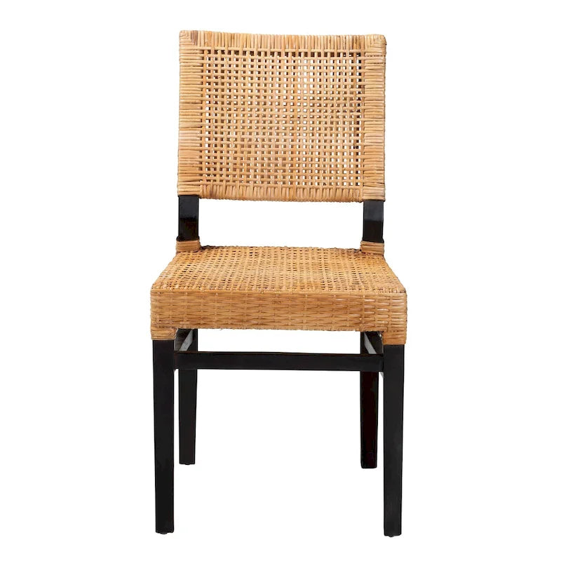 Chaise de salle à manger moderne de style bohème avec rotin tissé marron naturel et acajou couleur expresso