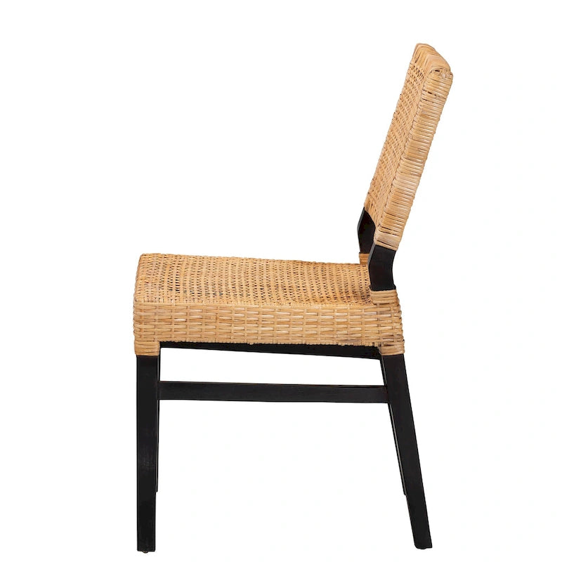 Chaise de salle à manger moderne de style bohème avec rotin tissé marron naturel et acajou couleur expresso