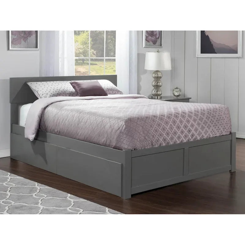 Lit plateforme king-size gris avec deux tiroirs