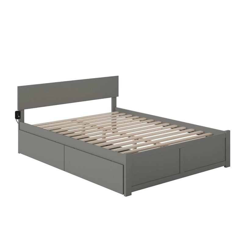 Lit plateforme king-size gris avec deux tiroirs