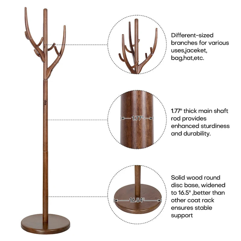 Porte-manteau sur pied en forme de branche d'arbre réglable, en bois d'hévéa – 42,0 cm (Dia.) x 182,0 cm (H)