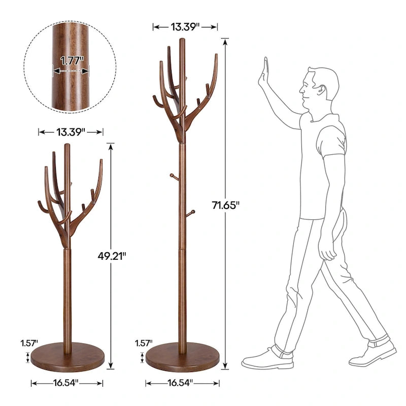 Porte-manteau sur pied en forme de branche d'arbre réglable, en bois d'hévéa – 42,0 cm (Dia.) x 182,0 cm (H)