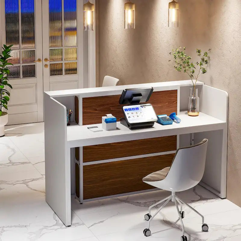 Comptoir de réception LED de 63 pouces avec panneaux de confidentialité pour caisse, vente au détail, bureau, hall d'entrée, magasin, clinique
