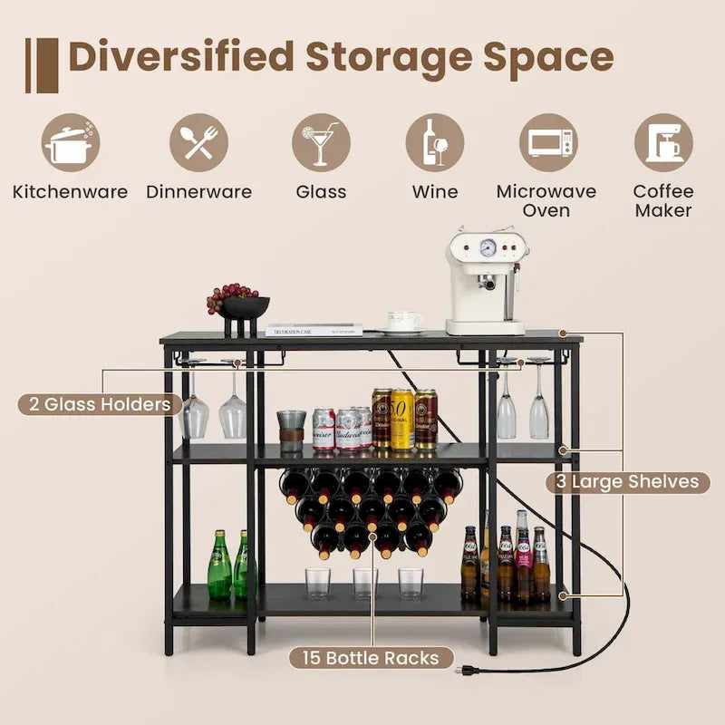 Cave à vin et comptoir de bar — Table de présentation pour boissons et verrerie