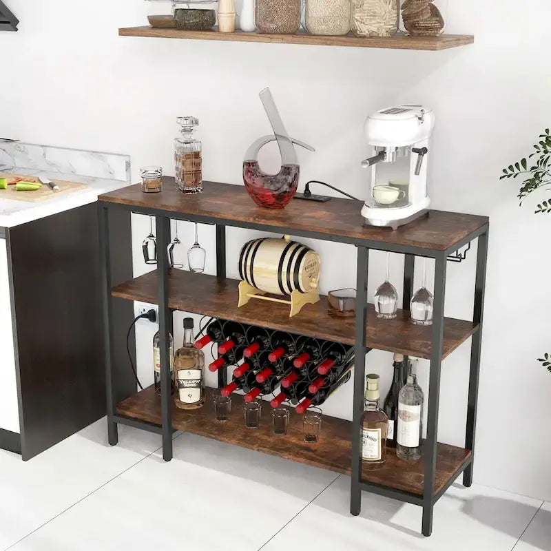 Cave à vin et comptoir de bar — Table de présentation pour boissons et verrerie