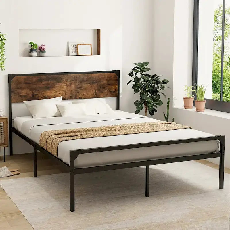 Lit plateforme double / grand (avec tête et pied de lit de style rustique)