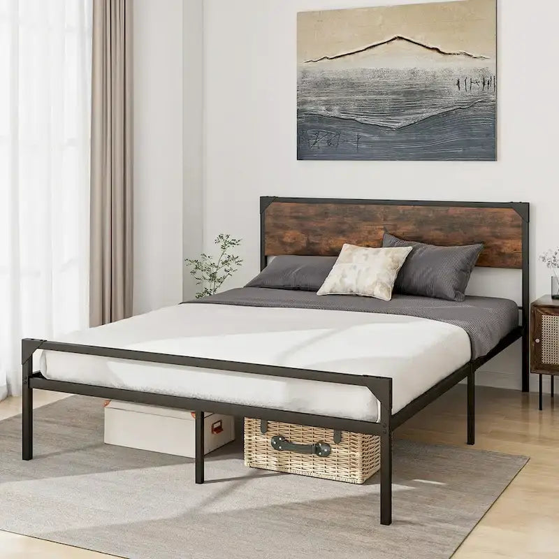 Lit plateforme double / grand (avec tête et pied de lit de style rustique)