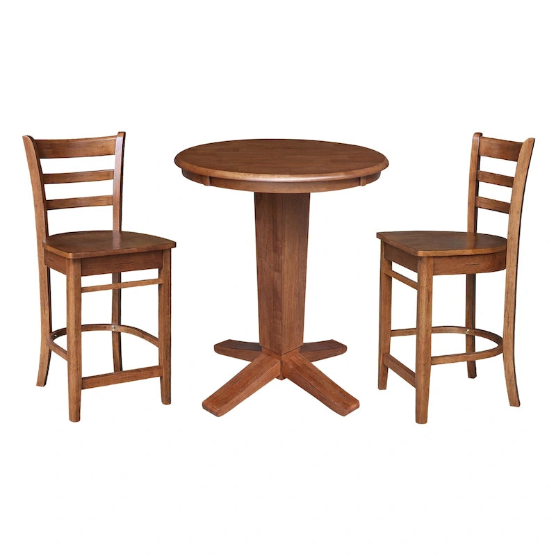 Table de salle à manger ronde en bois massif de 76 cm de hauteur de comptoir avec 2 tabourets