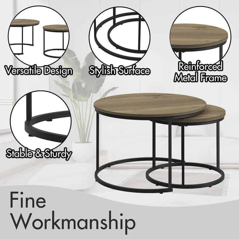 Lot de 2 tables basses gigognes, table basse ronde de 70 cm finition bois avec cadre en métal robuste, tables d'appoint