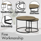 Lot de 2 tables basses gigognes, table basse ronde de 70 cm finition bois avec cadre en métal robuste, tables d'appoint