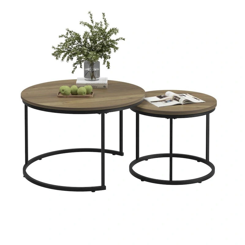 Lot de 2 tables basses gigognes, table basse ronde de 70 cm finition bois avec cadre en métal robuste, tables d'appoint
