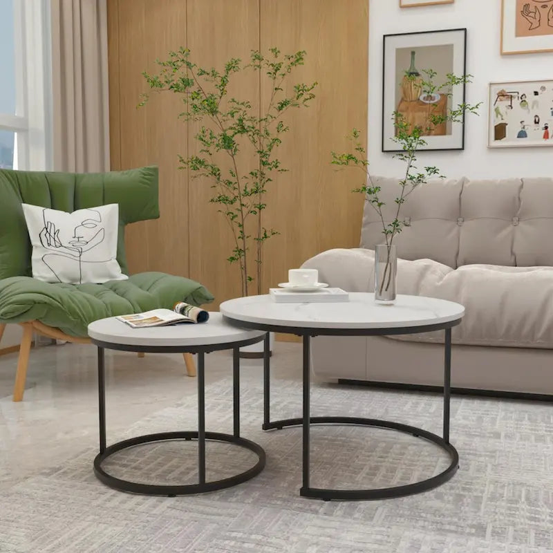 Lot de 2 tables basses gigognes, table basse ronde de 70 cm finition bois avec cadre en métal robuste, tables d'appoint