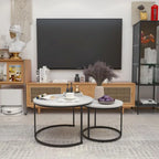 Lot de 2 tables basses gigognes, table basse ronde de 70 cm finition bois avec cadre en métal robuste, tables d'appoint