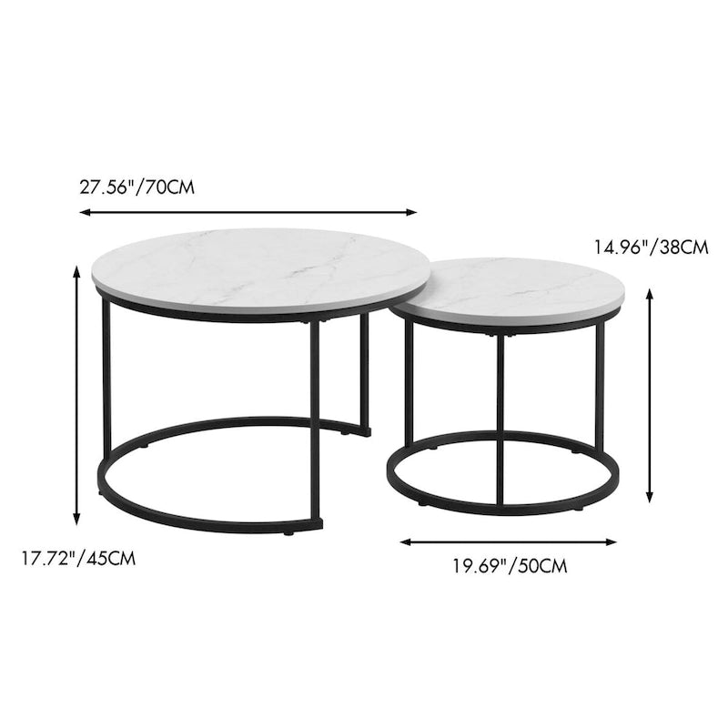 Lot de 2 tables basses gigognes, table basse ronde de 70 cm finition bois avec cadre en métal robuste, tables d'appoint