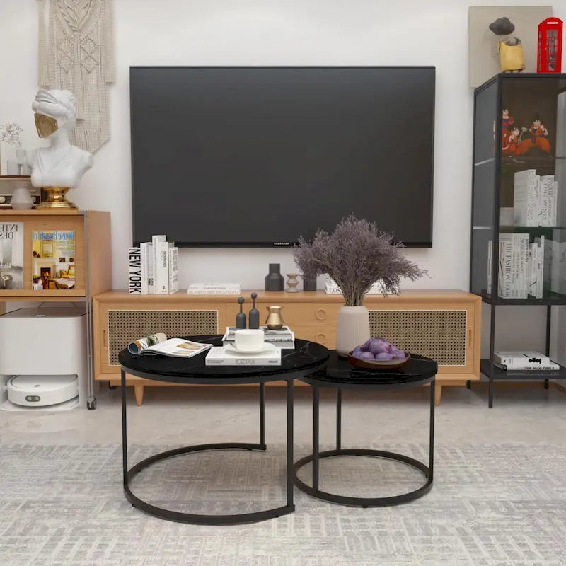 Lot de 2 tables basses gigognes, table basse ronde de 70 cm finition bois avec cadre en métal robuste, tables d'appoint