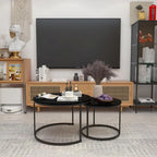 Lot de 2 tables basses gigognes, table basse ronde de 70 cm finition bois avec cadre en métal robuste, tables d'appoint