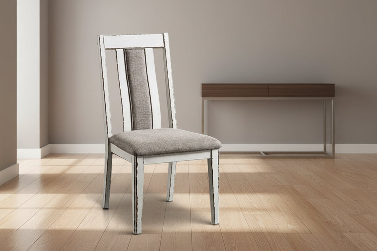 24 Inch Dining Side Chair Set of 2, Rustic White Wood, Gray Fabric Seat