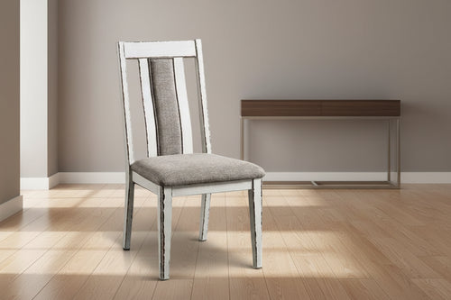 24 Inch Dining Side Chair Set of 2, Rustic White Wood, Gray Fabric Seat