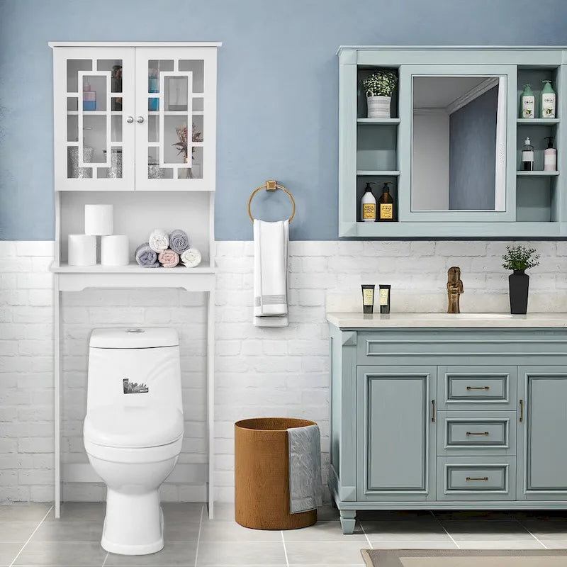 Étagère de Rangement pour Salle de Bain – Une Armoire de Toilette Suspendue avec Structure en Bois, Deux Portes Vitrées et Étagères Réglables, Conçue Spécifiquement pour l'Environnement de la Salle de Bain.