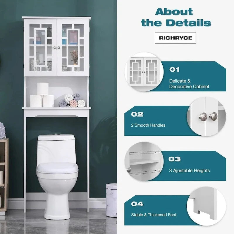 Étagère de Rangement pour Salle de Bain – Une Armoire de Toilette Suspendue avec Structure en Bois, Deux Portes Vitrées et Étagères Réglables, Conçue Spécifiquement pour l'Environnement de la Salle de Bain.