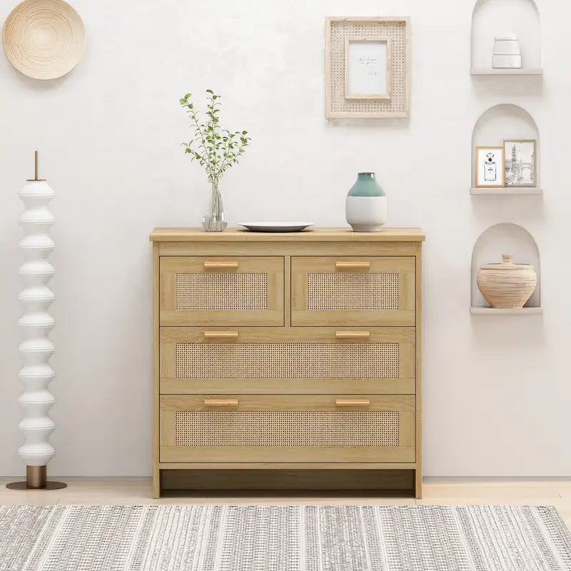 Commode de rangement en rotin tressé à quatre tiroirs — Convient pour les chambres à coucher, les salons, les salles à manger et les entrées