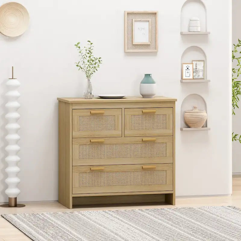 Commode de rangement en rotin tressé à quatre tiroirs — Convient pour les chambres à coucher, les salons, les salles à manger et les entrées