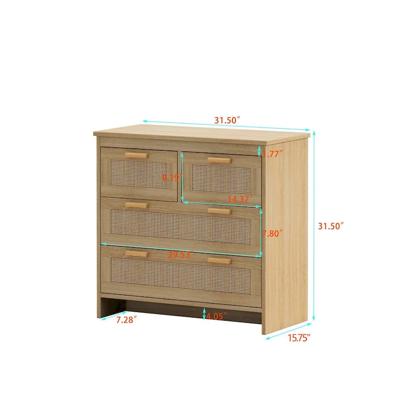 Commode de rangement en rotin tressé à quatre tiroirs — Convient pour les chambres à coucher, les salons, les salles à manger et les entrées